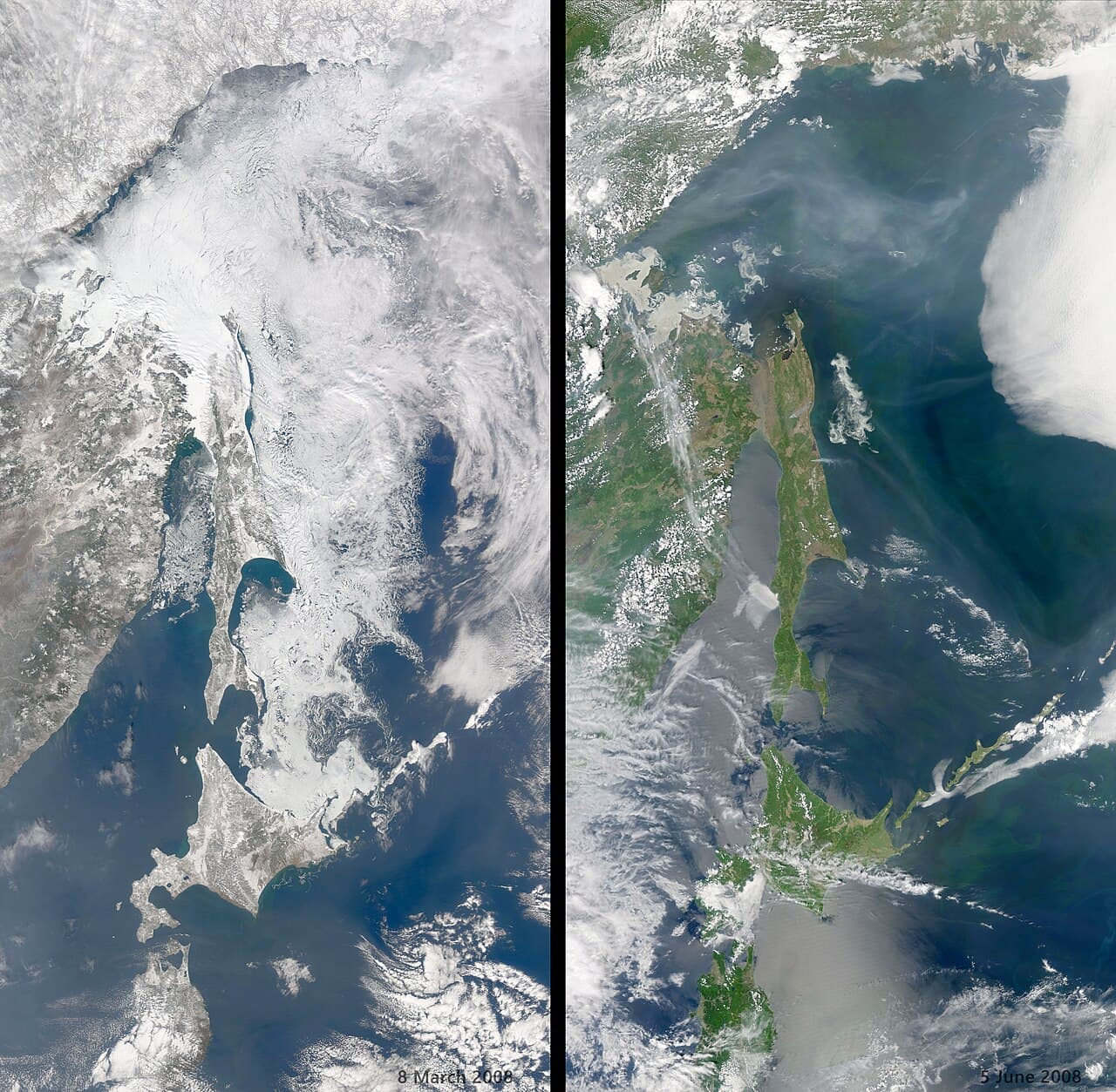 The Sea of Okhotsk in winter and summer 2008. The Sea of Okhotsk owes its seasonal swings to its geography. The Russian-administered Kurile Islands shelter the sea from the currents of the open Pacific Ocean to the east,